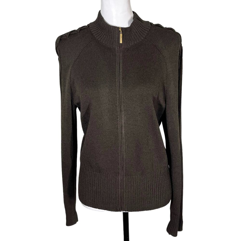 St John Sport Brown Mock Turtleneck Zip Up Cardigan Size Medium